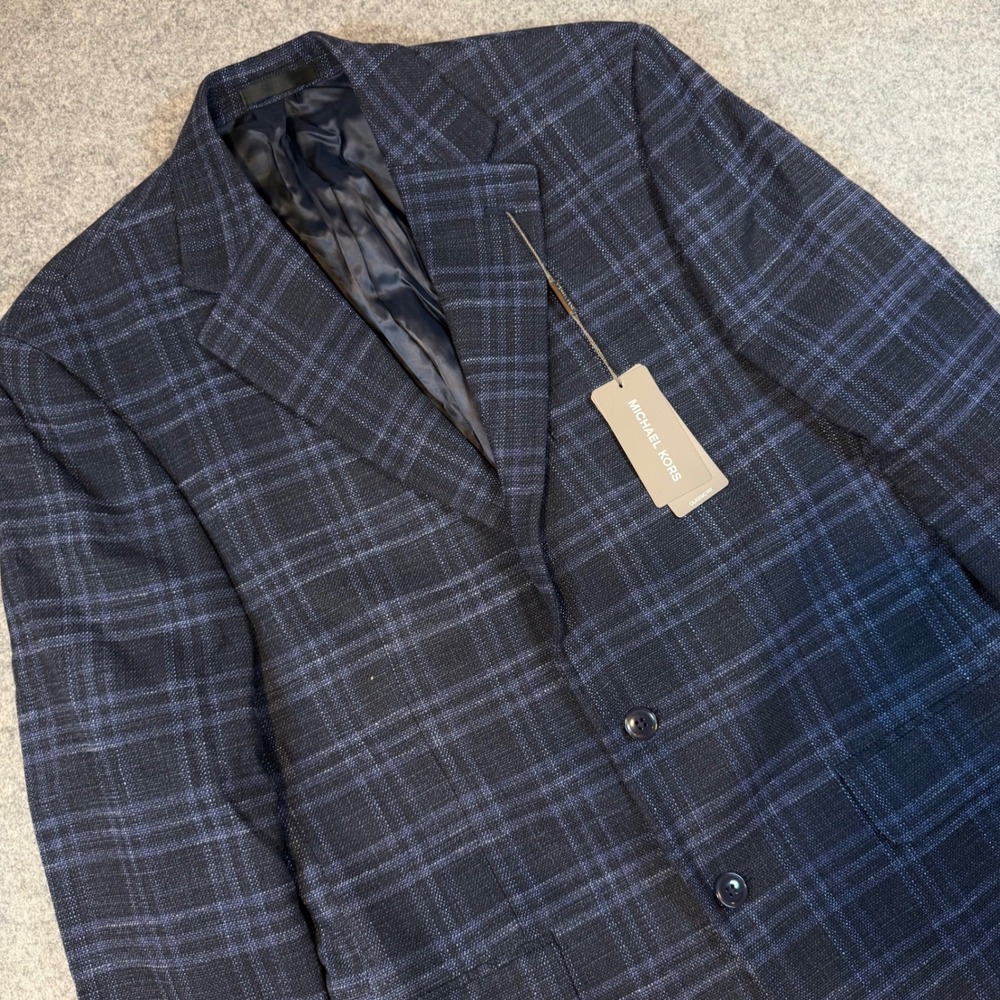 Michael Kors Kent Blazer Mens 38R Midnight Navy Plaid Stretch Classic Fit Jacket